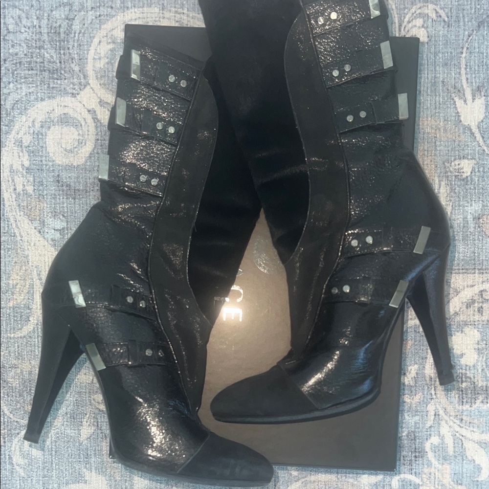 Versace Black Heeled Boots with Silver Accents